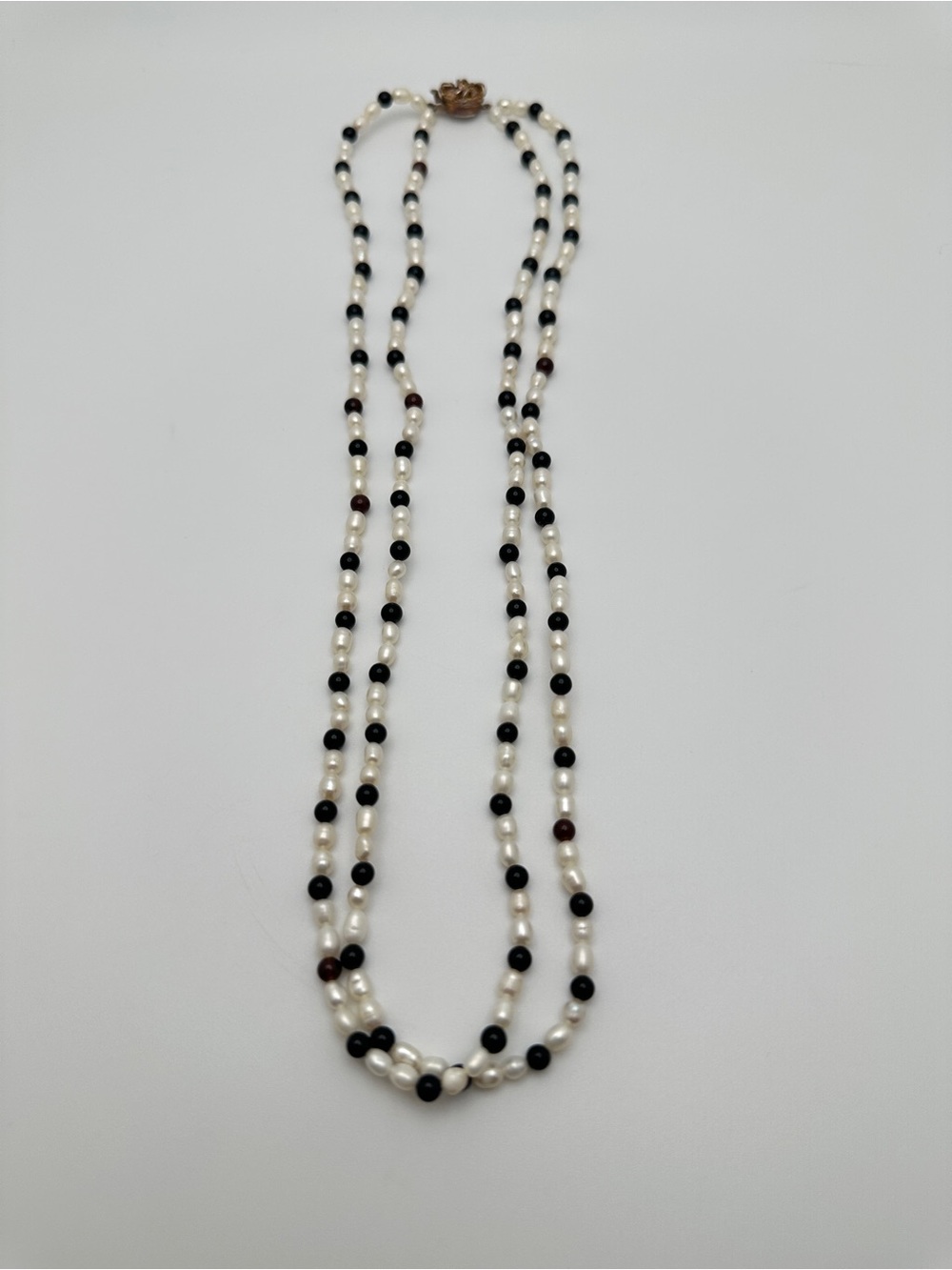 Classic Double-Strand Pearl and Black Bead Necklace